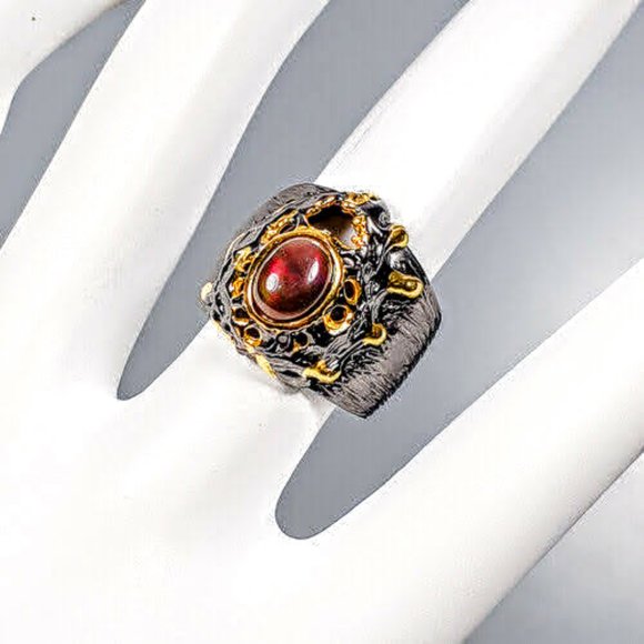 Artisan Black Opal Sterling & 14 kt Gold Ring - Picture 7 of 9